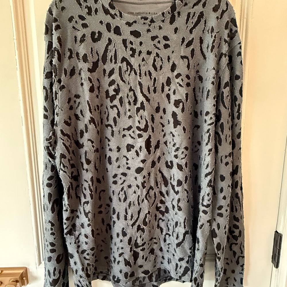 John Varvatos Gray Crewneck Sweater with Black Leopard Print